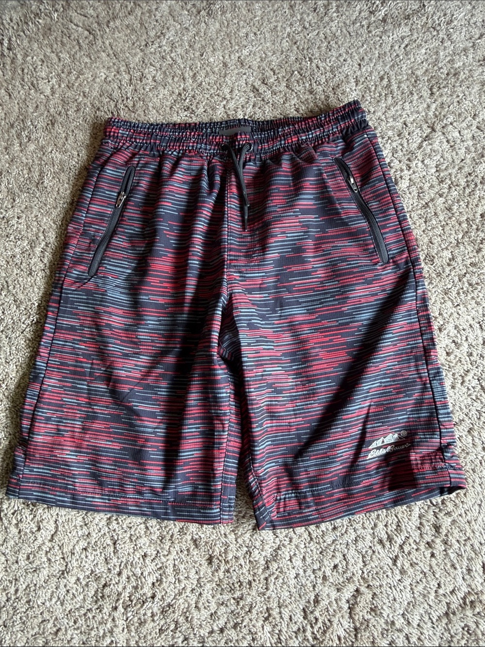 Eddie Bauer Boys' Swim Trunks in Red and Black Pattern